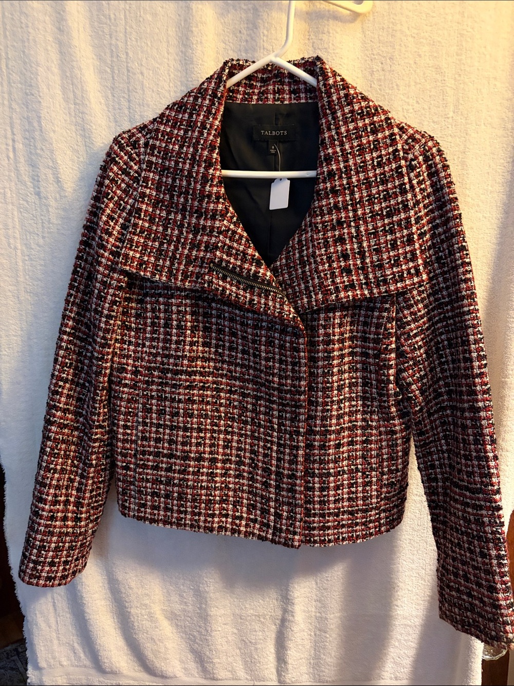 Talbots Red and Black Plaid Tweed Cropped Blazer